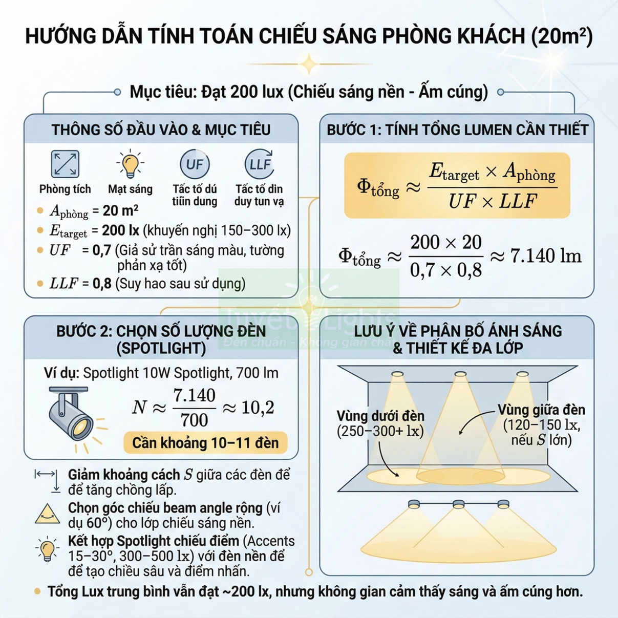 Hướng dẫn tính toán chiếu sáng phòng khách 20m2 với đèn spotlight và phân bố ánh sáng hợp lý
