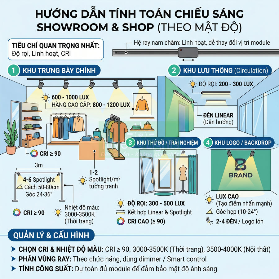 Hướng dẫn tính toán chiếu sáng showroom shop với spotlight, đèn linear và bố trí khu trưng bày quần áo