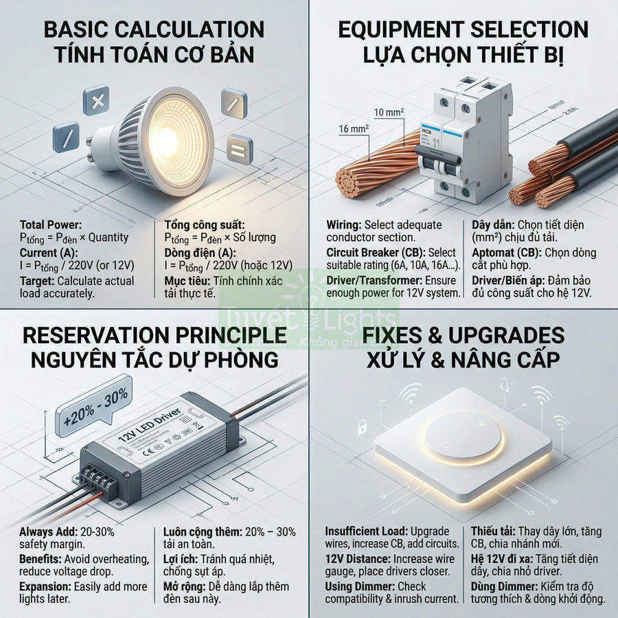 Hướng dẫn tính toán công suất và chọn thiết bị cho hệ thống đèn LED, dây dẫn, aptomat và bộ điều khiển dimmer