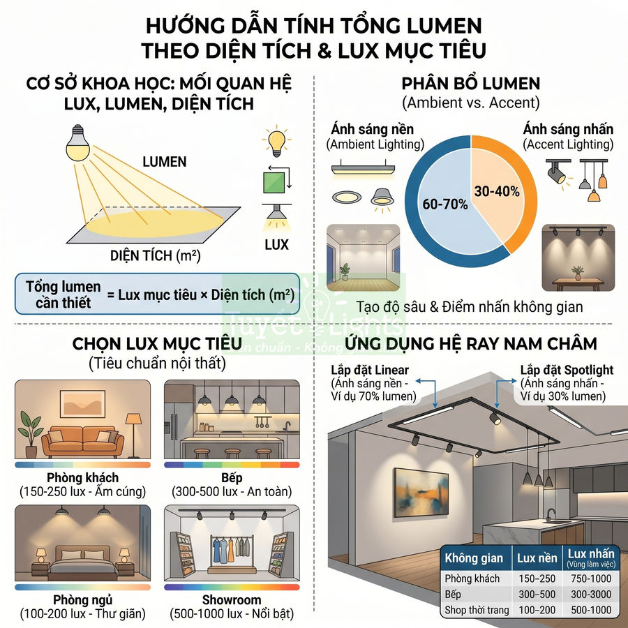Infographic hướng dẫn tính tổng lumen theo diện tích và lux mục tiêu cho phòng khách, bếp, phòng ngủ, showroom