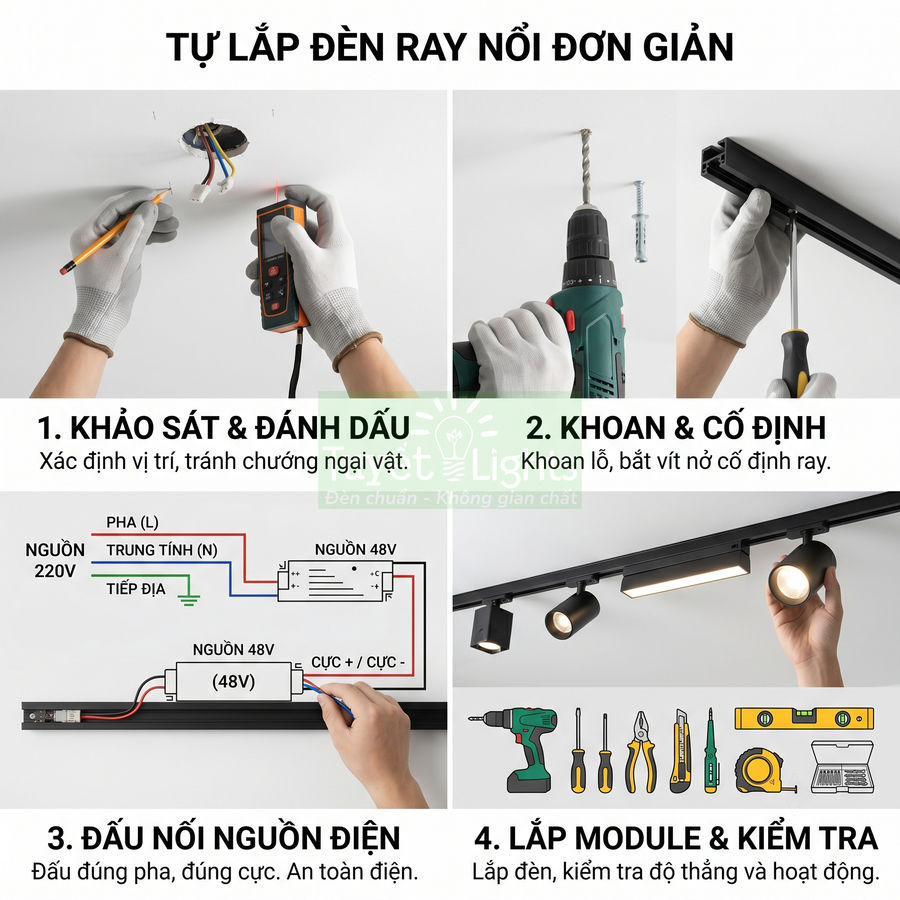 Hướng dẫn tự lắp đặt đèn ray nổi 48V từng bước từ khoan bắt ray đến đấu nối nguồn điện