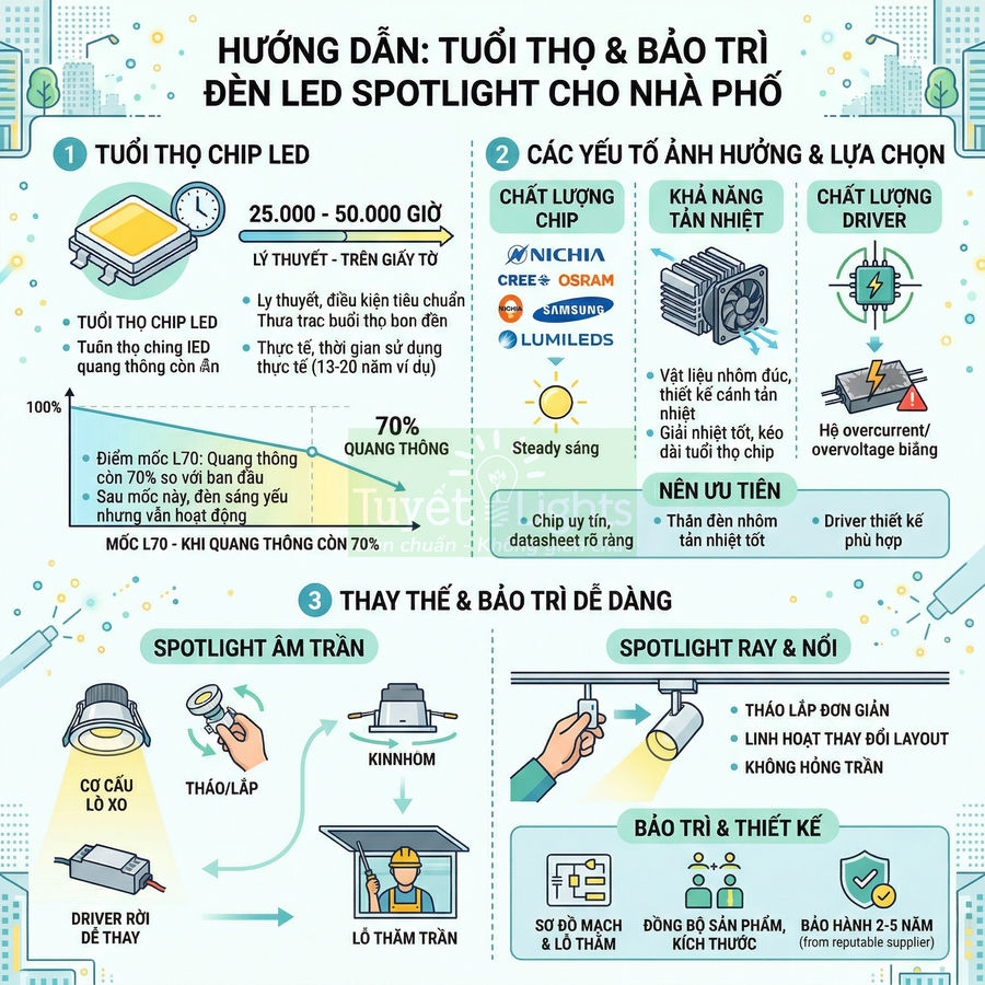 Hướng dẫn tuổi thọ và bảo trì đèn LED spotlight cho nhà phố, tập trung vào chip LED, driver và cách thay thế