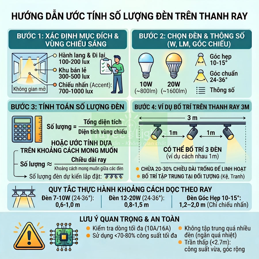 Hướng dẫn ước tính số lượng đèn LED chiếu điểm lắp trên thanh ray dài 3m trong không gian nội thất