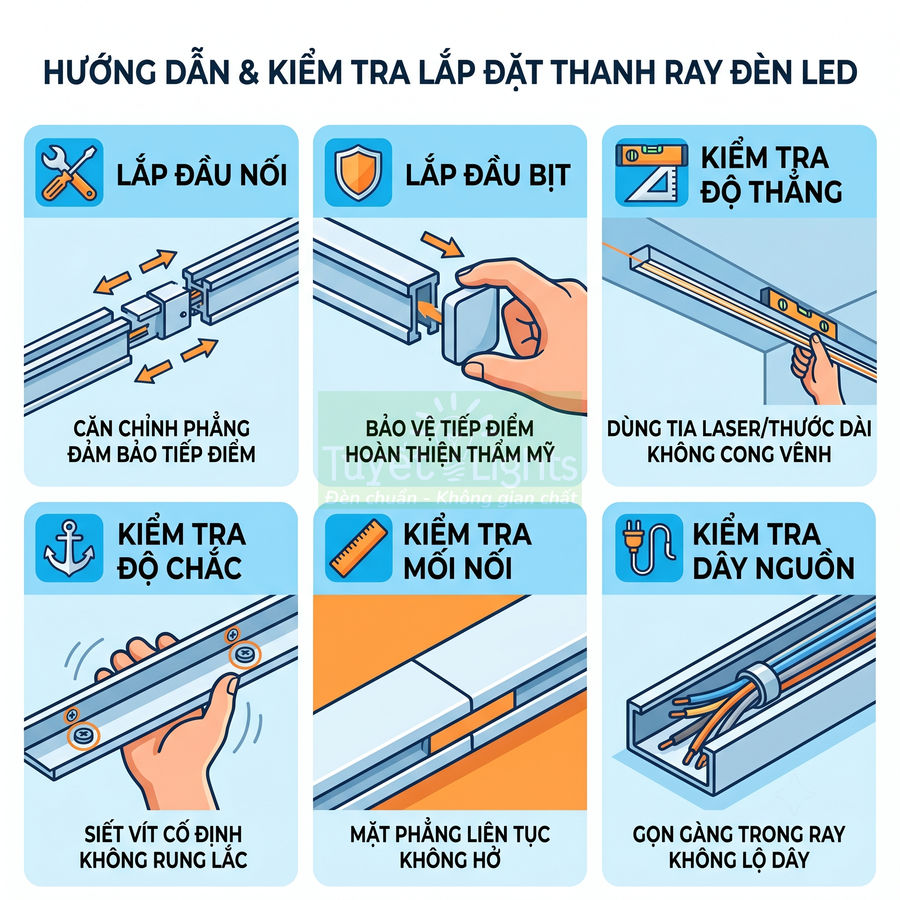 Hướng dẫn lắp đặt và kiểm tra thanh ray đèn LED với các bước lắp đầu nối, đầu bịt, cố định ray và kiểm tra dây nguồn