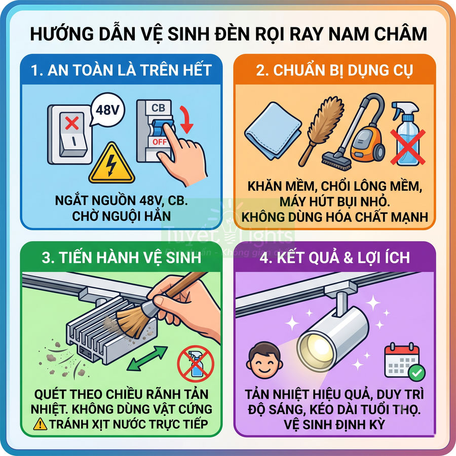 Hướng dẫn vệ sinh đèn rọi ray nam châm với các bước an toàn, chuẩn bị dụng cụ và cách làm sạch đúng cách