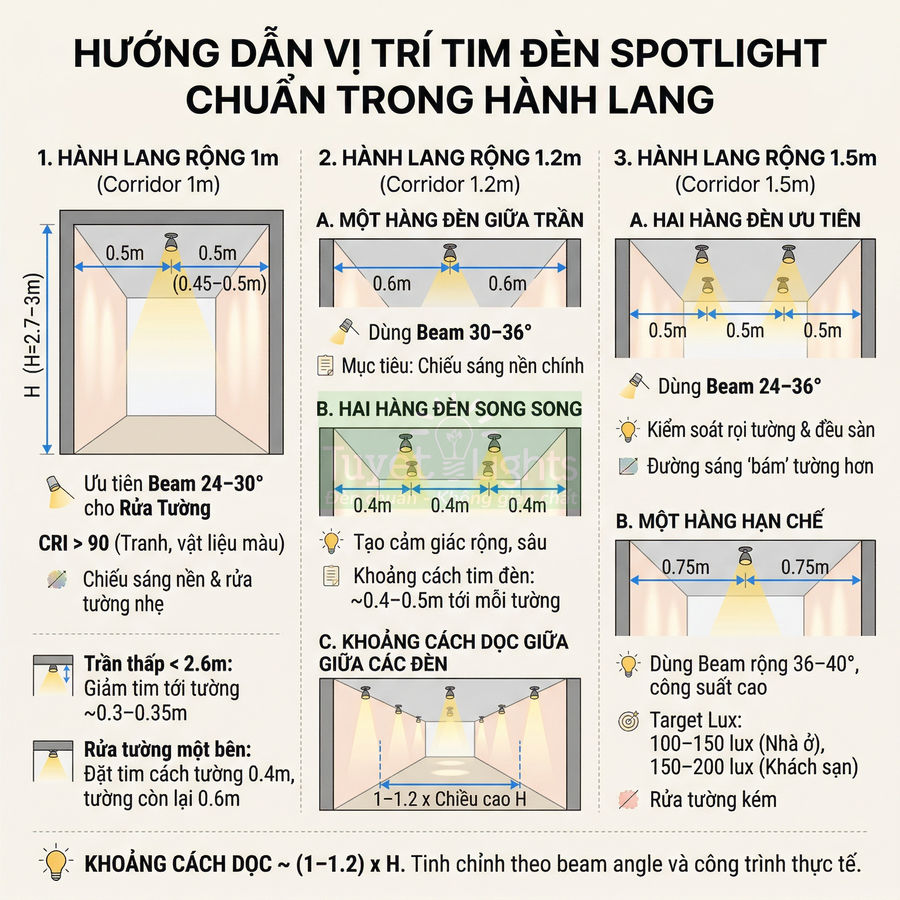 Hướng dẫn bố trí đèn spotlight chiếu sáng hành lang với khoảng cách tim đèn và góc chiếu chuẩn