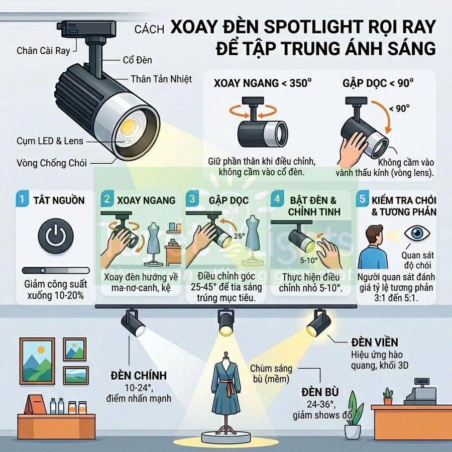 Hướng dẫn xoay đèn spotlight rọi ray LED để tập trung ánh sáng trưng bày mannequin và sản phẩm trong cửa hàng