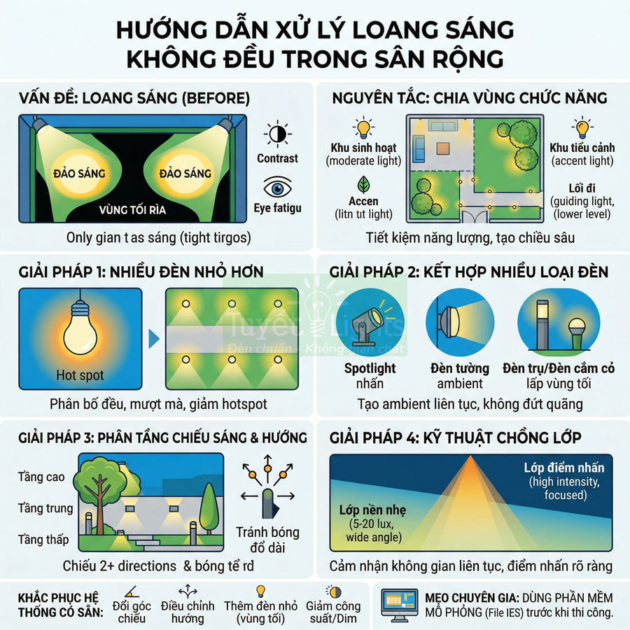 Infographic hướng dẫn xử lý loang sáng không đều trong sân vườn với các giải pháp bố trí và kết hợp nhiều loại đèn ngoài trời