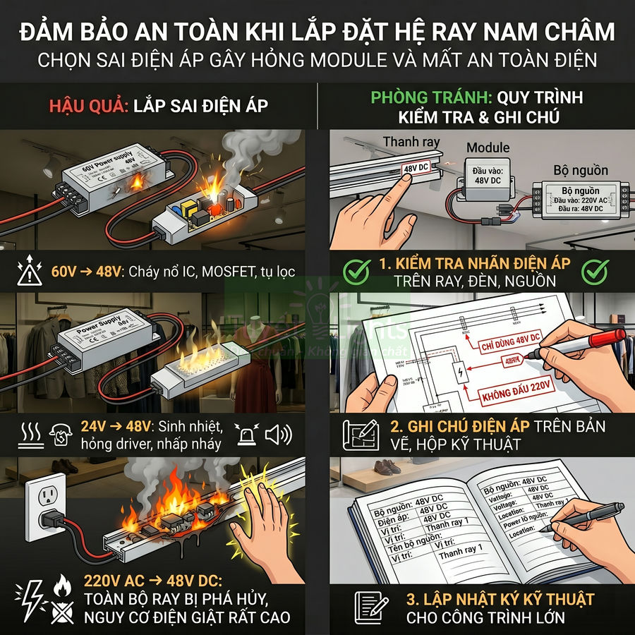 Hướng dẫn an toàn lắp đặt hệ ray nam châm, cảnh báo cháy nổ khi chọn sai điện áp module và nguồn điện