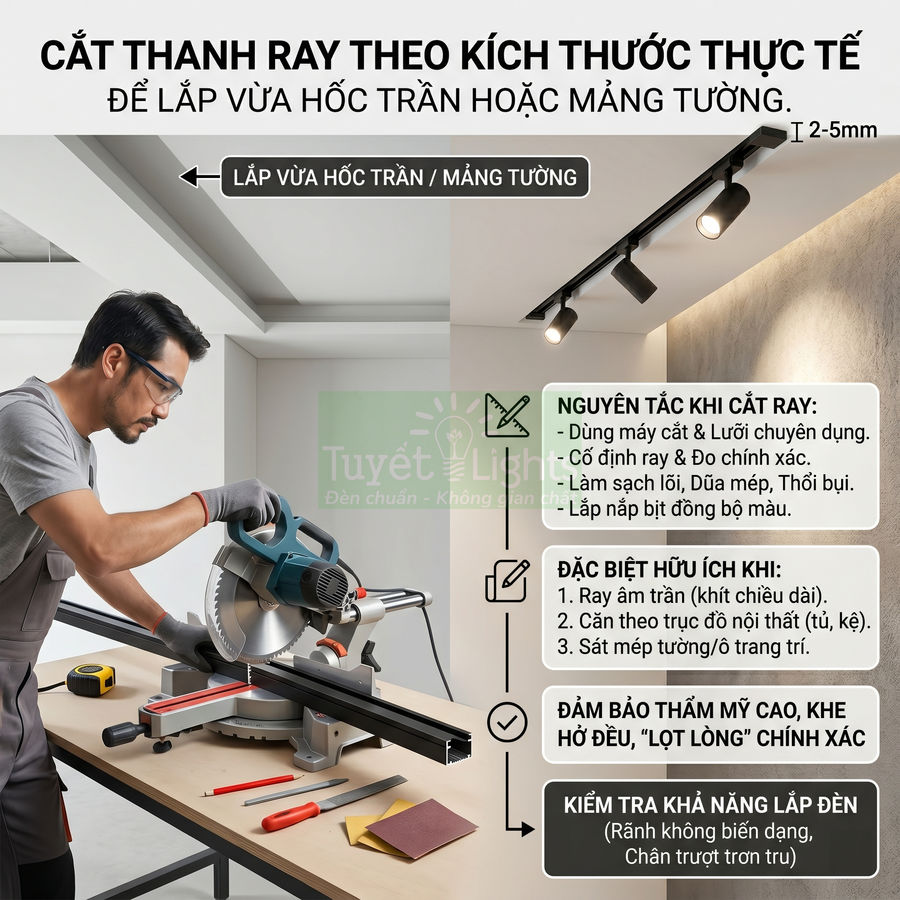 Người thợ dùng máy cắt chuyên dụng cắt thanh ray đèn rọi ray đen để lắp âm trần trong phòng hiện đại