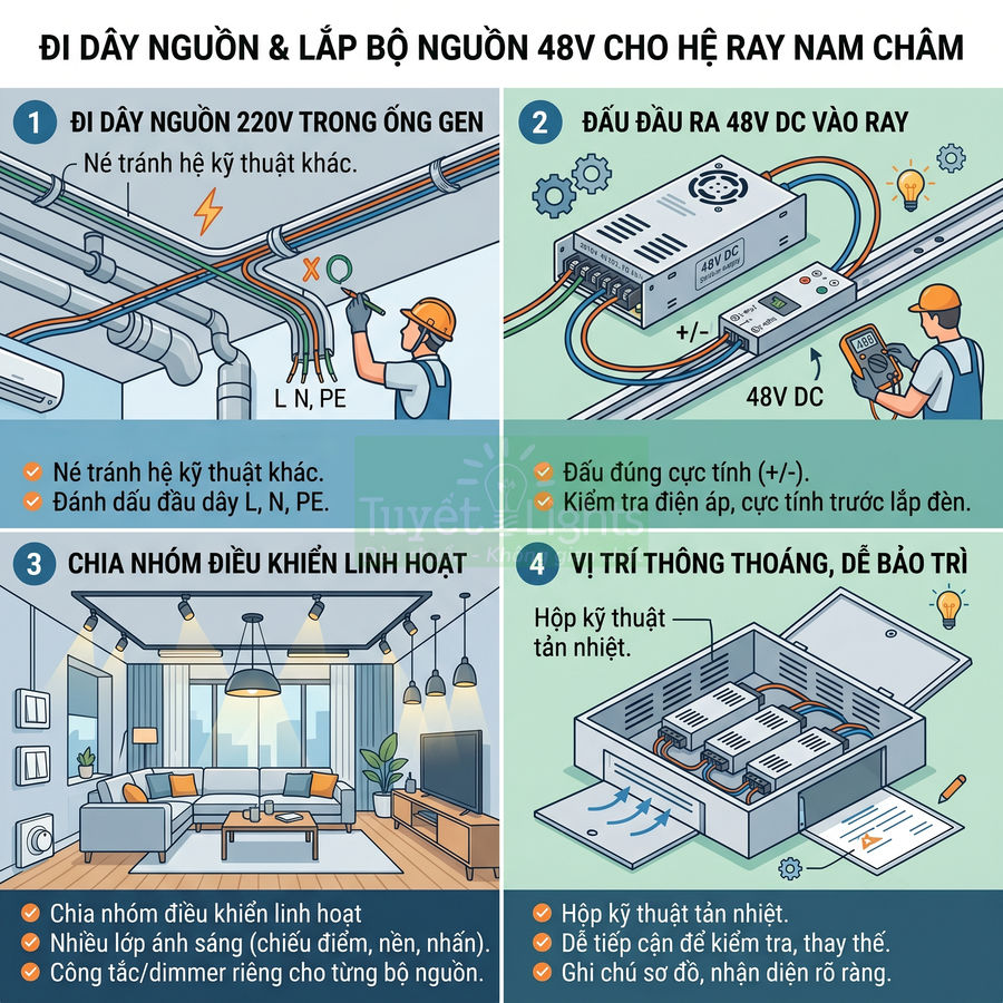 Hướng dẫn đi dây nguồn và lắp bộ nguồn 48V DC cho hệ ray nam châm chiếu sáng trong nhà