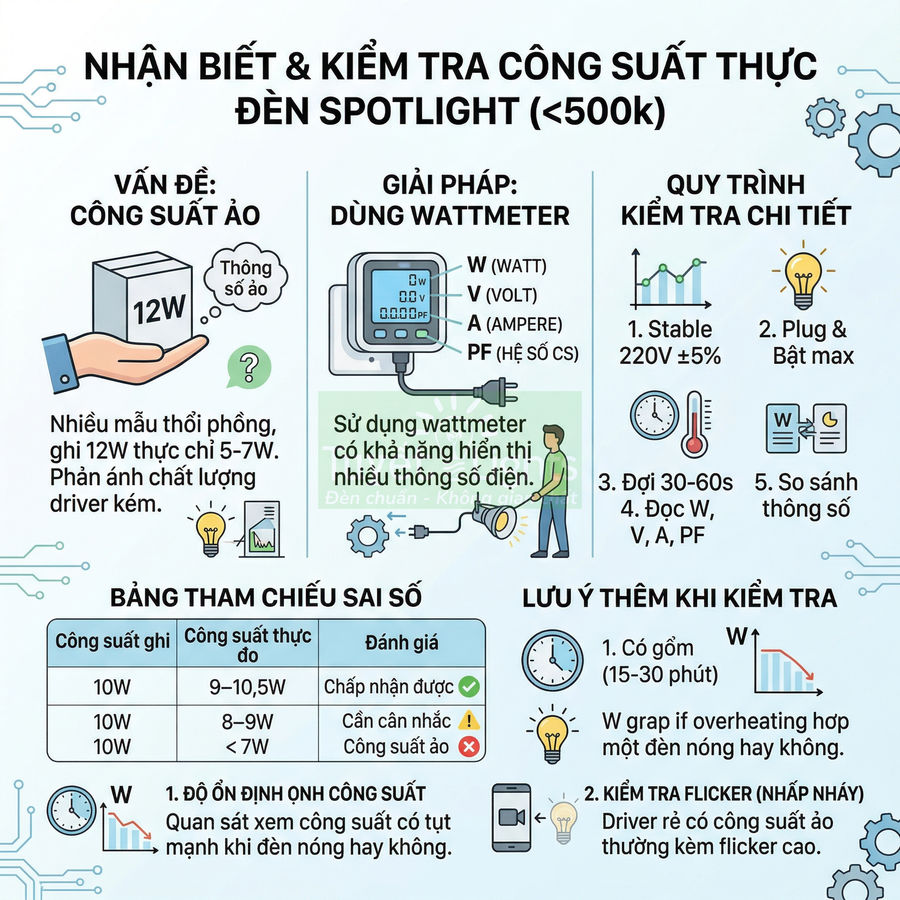 Hướng dẫn nhận biết và kiểm tra công suất thực đèn spotlight giá rẻ bằng wattmeter và bảng tham chiếu sai số
