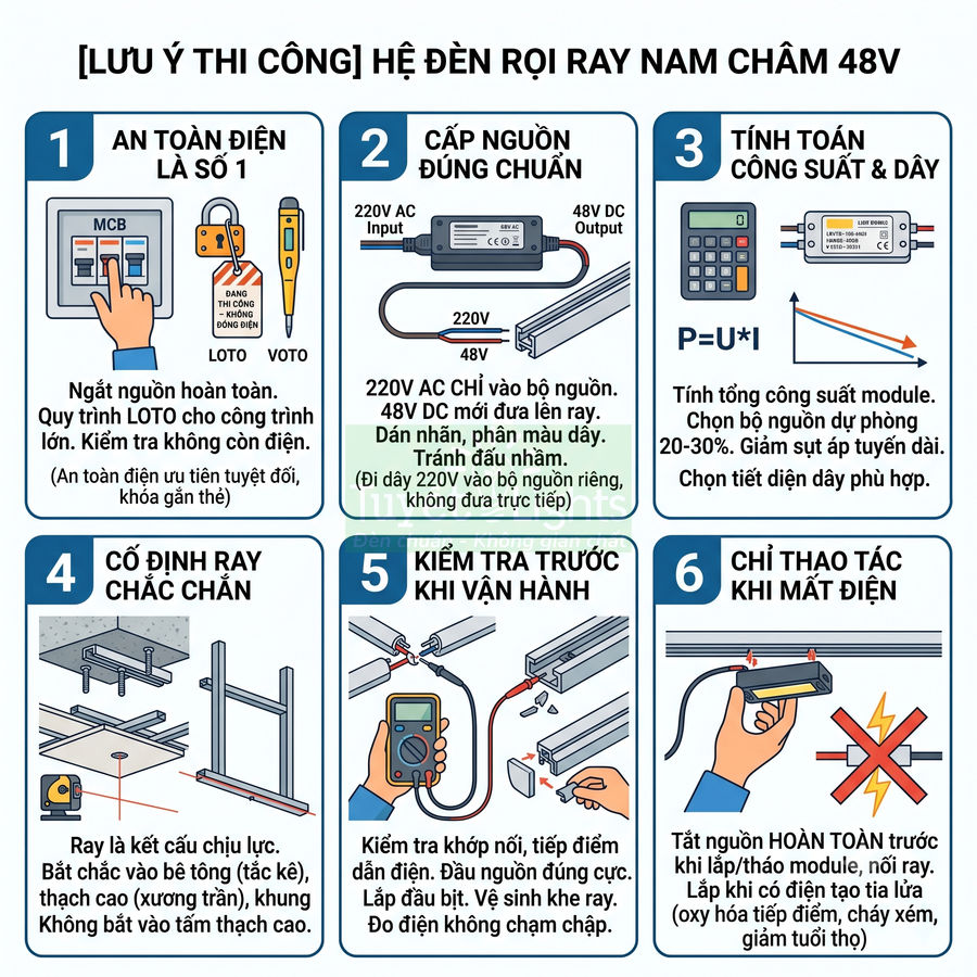 Hướng dẫn lắp đặt hệ đèn rọi ray nam châm 48V với các bước an toàn điện và kiểm tra vận hành