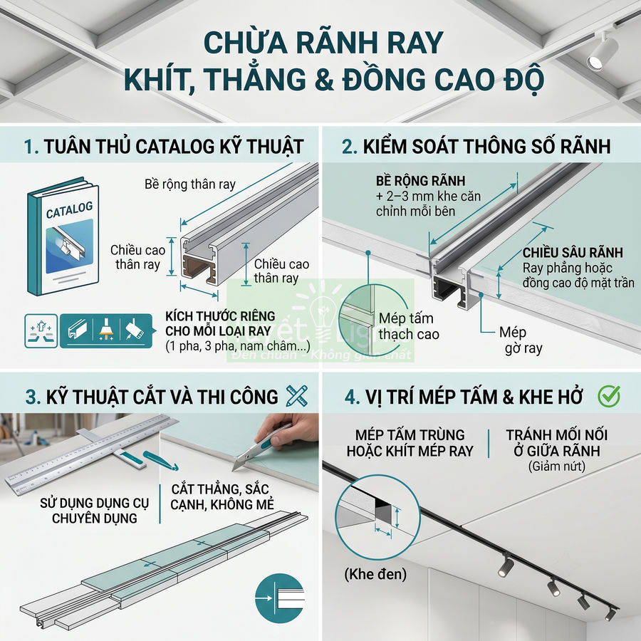 Hướng dẫn lắp đặt rãnh ray đèn chiếu sáng âm trần thạch cao với thông số kỹ thuật và vị trí khe hở chuẩn