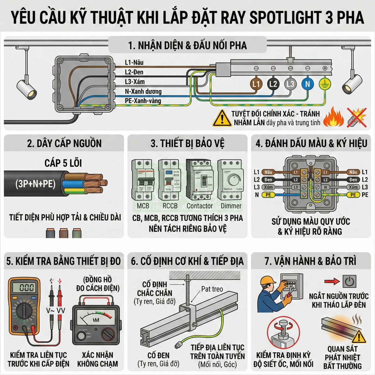 Hướng dẫn kỹ thuật lắp đặt ray đèn spotlight 3 pha với sơ đồ đấu nối, dây cáp nguồn và thiết bị bảo vệ điện