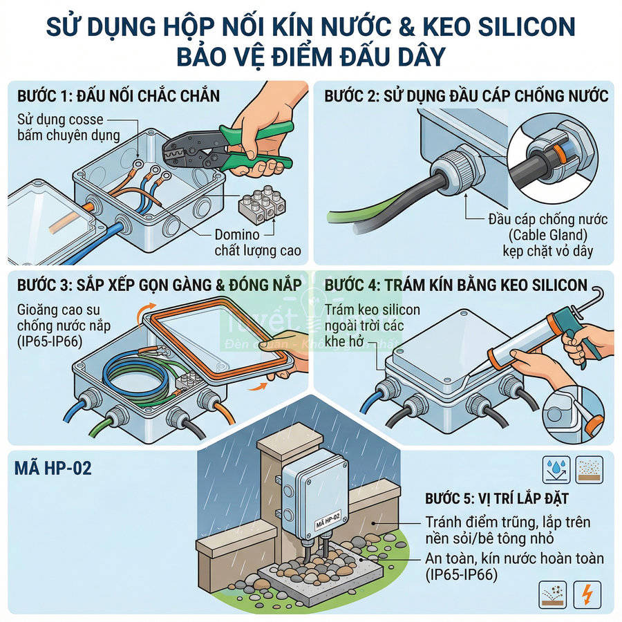 Hướng dẫn lắp đặt hộp nối điện kín nước dùng gioăng cao su và keo silicon bảo vệ điểm đấu dây ngoài trời