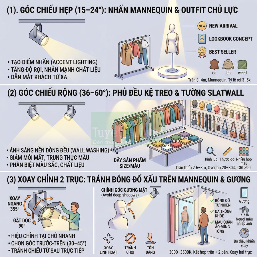 Hướng dẫn bố trí đèn rọi ray chiếu sáng quần áo, mannequin và gương trong cửa hàng thời trang