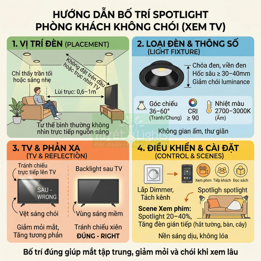 Hướng dẫn bố trí đèn spotlight phòng khách xem TV, minh họa vị trí đèn, loại đèn, chống chói và điều khiển ánh sáng