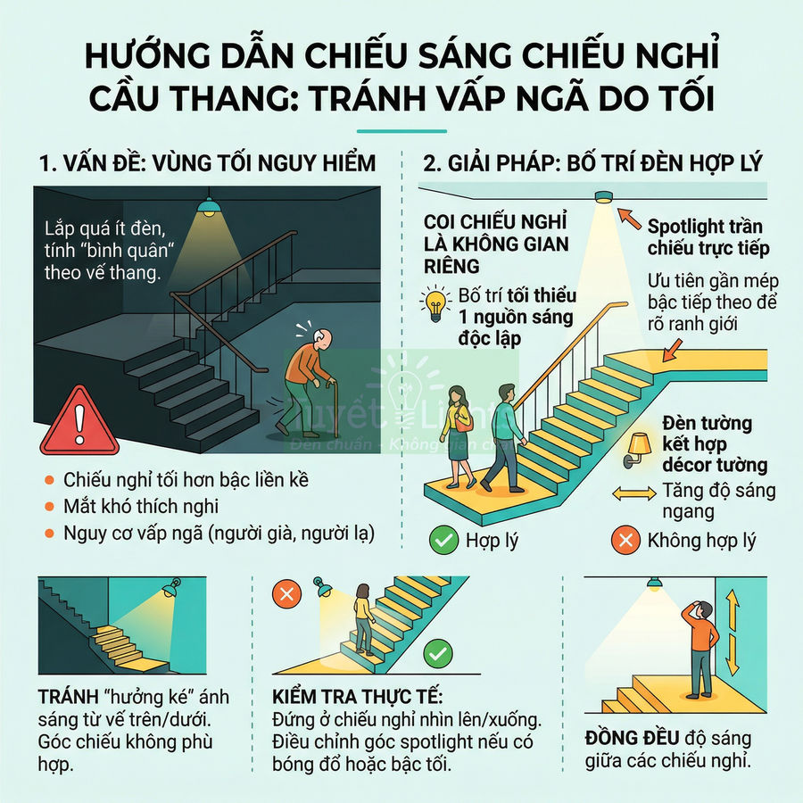 Infographic hướng dẫn bố trí đèn chiếu sáng cầu thang và chiếu nghỉ để tránh vấp ngã trong nhà