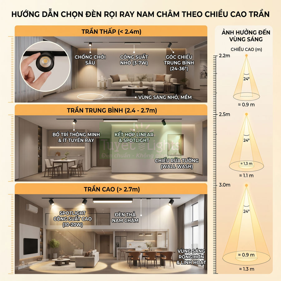 Hướng dẫn chọn đèn rọi ray nam châm theo chiều cao trần và vùng sáng trong phòng khách, phòng ăn