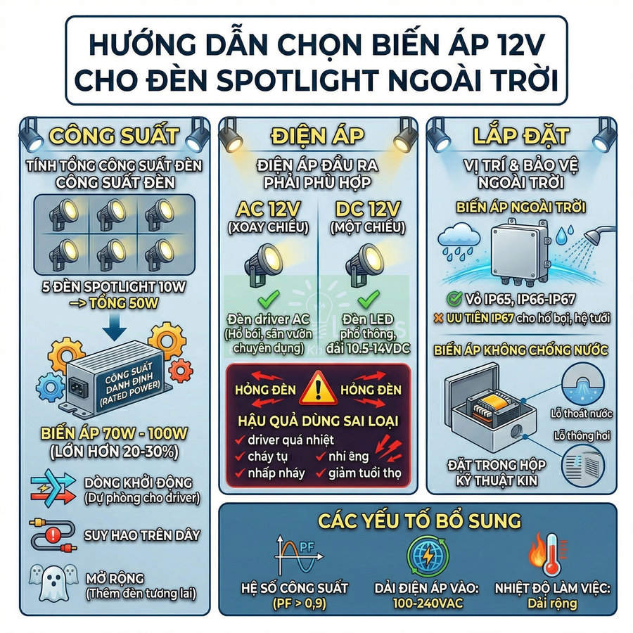 Hướng dẫn chọn biến áp 12V cho đèn spotlight ngoài trời, minh họa công suất, điện áp, lắp đặt và các yếu tố kỹ thuật
