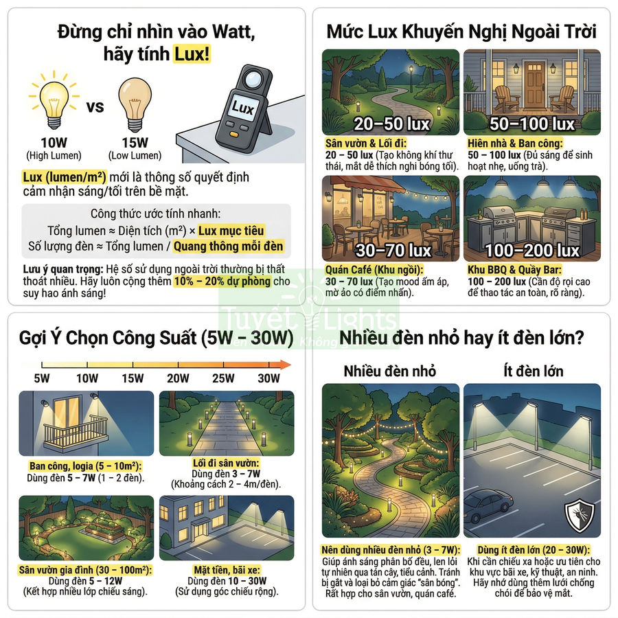 Infographic hướng dẫn chọn công suất và mức lux đèn ngoài trời cho sân vườn, ban công, lối đi, quán cafe, khu BBQ