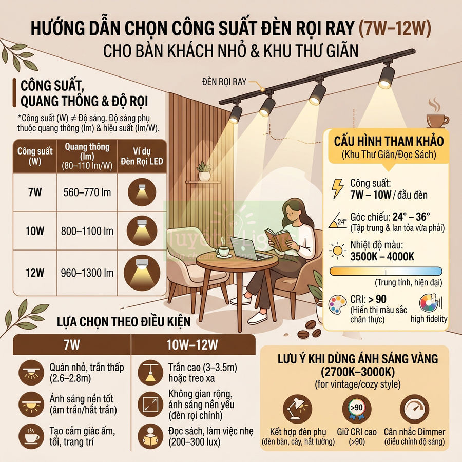 Hướng dẫn chọn công suất đèn rọi ray 7W 12W cho bàn khách nhỏ và khu thư giãn, minh họa không gian đọc sách