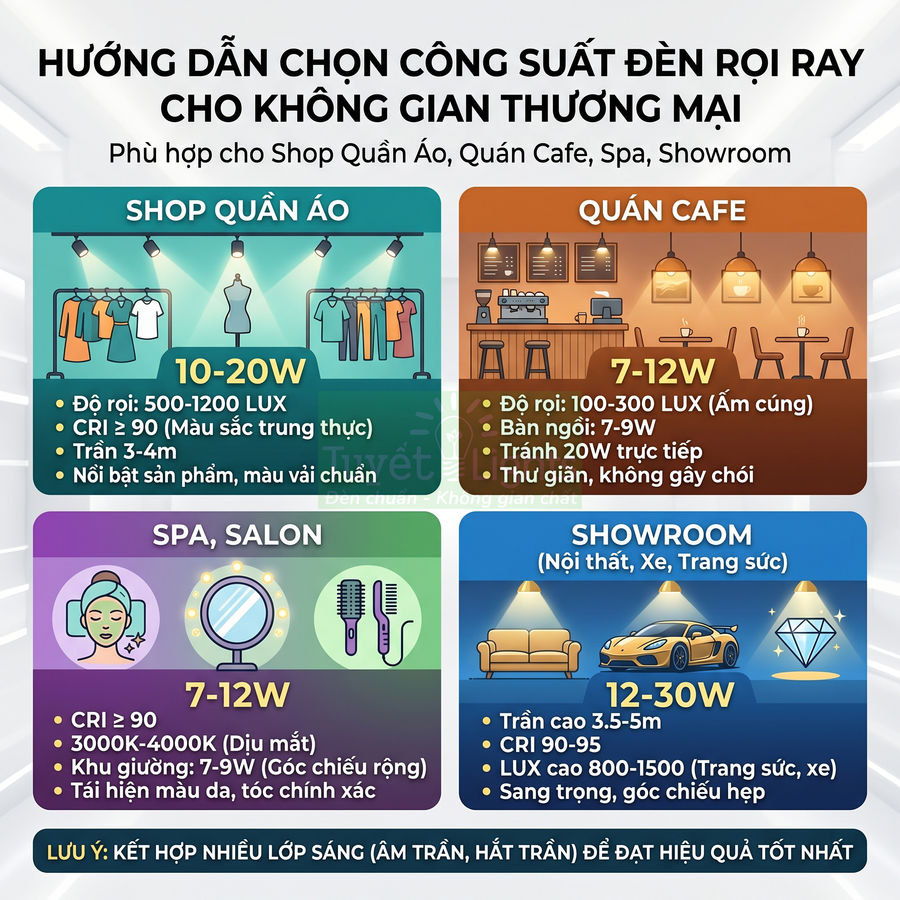 Hướng dẫn chọn công suất đèn rọi ray cho shop quần áo, quán cafe, spa salon và showroom thương mại