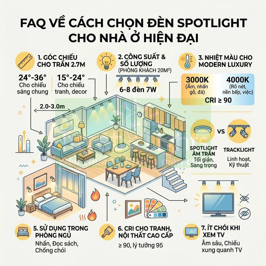 Hướng dẫn chọn đèn spotlight âm trần và tracklight cho phòng khách, phòng ngủ nhà ở hiện đại