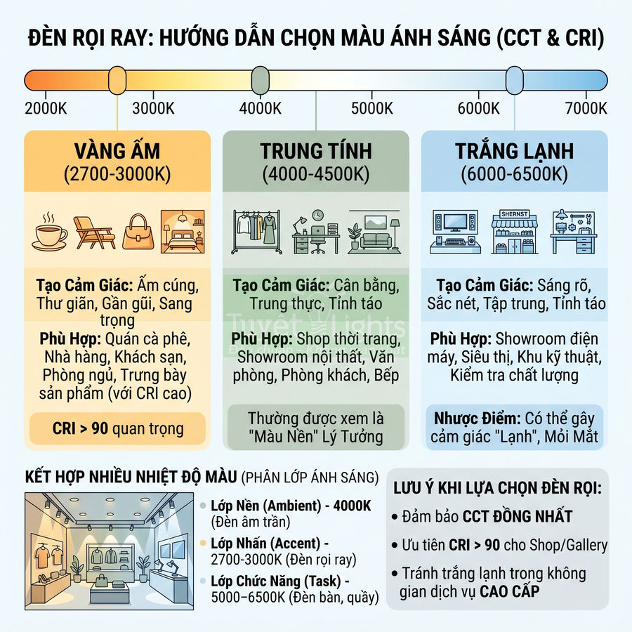 Hướng dẫn chọn màu ánh sáng cho đèn rọi ray với các mức nhiệt độ màu và gợi ý không gian sử dụng