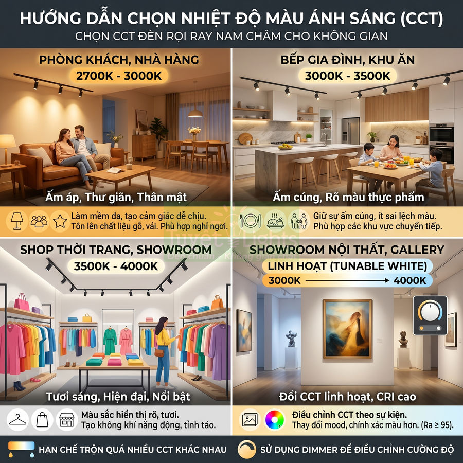 Hướng dẫn chọn nhiệt độ màu đèn rọi ray nam châm cho phòng khách, bếp, shop thời trang và showroom nội thất