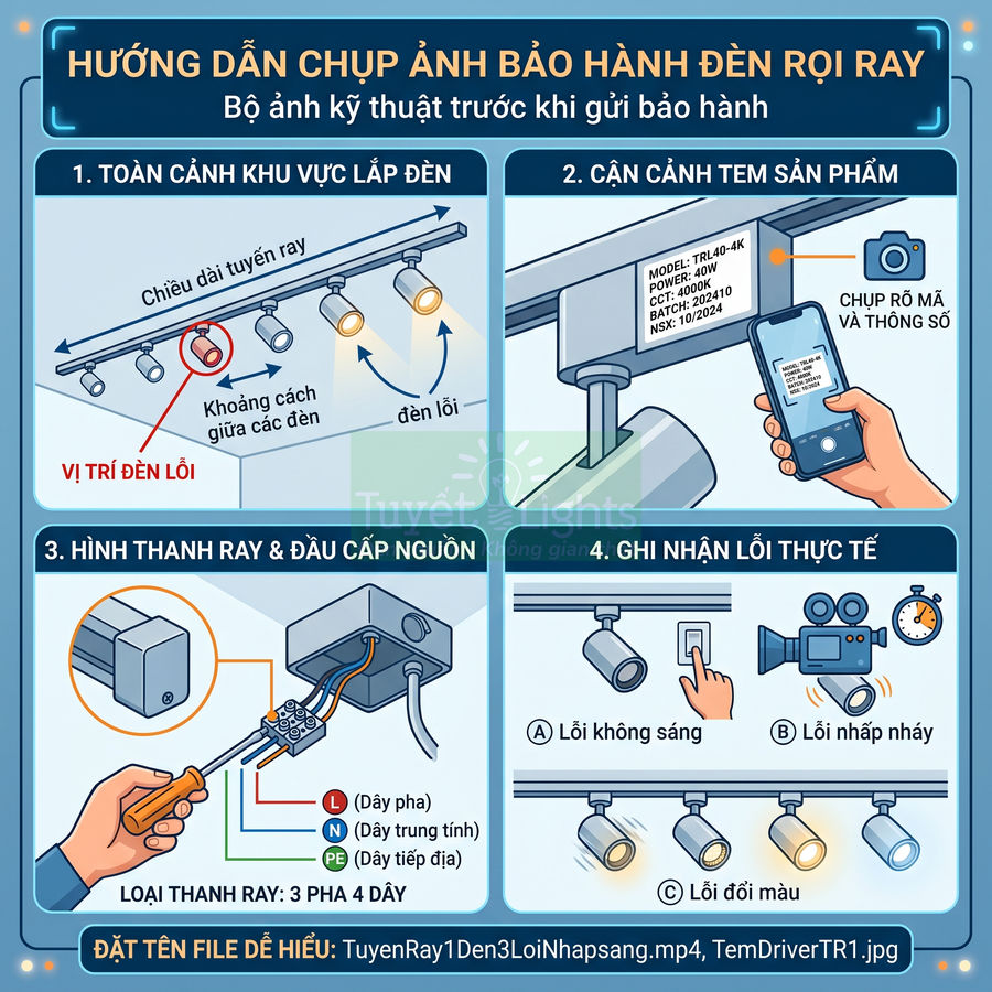 Hướng dẫn chụp ảnh bảo hành đèn rọi ray, mô tả vị trí đèn lỗi, tem sản phẩm, thanh ray và các dạng lỗi chiếu sáng