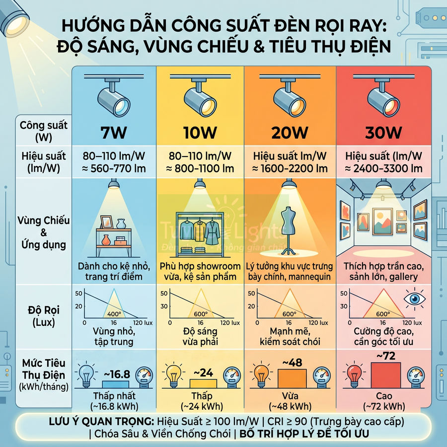 Bảng hướng dẫn chọn công suất đèn rọi ray 7W 10W 20W 30W theo độ sáng vùng chiếu và mức tiêu thụ điện