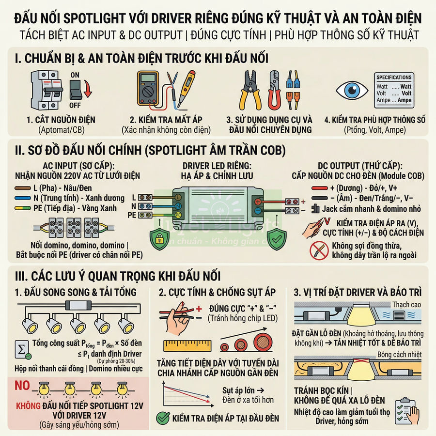 Hướng dẫn đấu nối spotlight âm trần COB với driver LED riêng, sơ đồ dây AC input và DC output, lưu ý an toàn điện