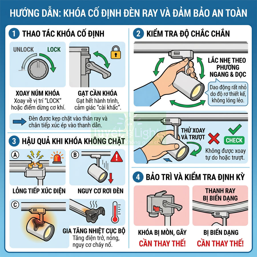 Hướng dẫn khóa cố định đèn ray chiếu sáng và kiểm tra an toàn, bảo trì thanh ray và khóa đèn