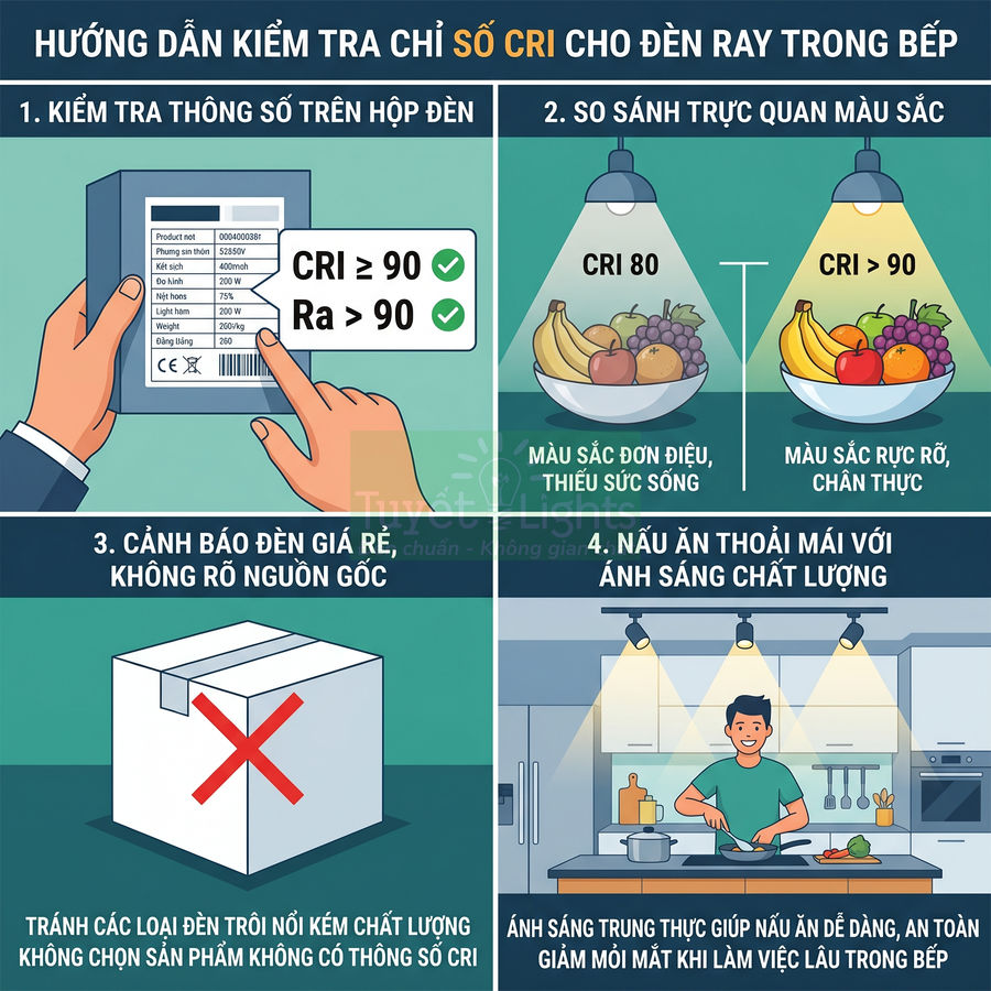 Hướng dẫn kiểm tra chỉ số CRI cho đèn ray trong bếp để chọn ánh sáng trung thực, an toàn cho nấu ăn