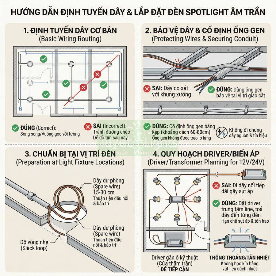 Hướng dẫn định tuyến dây và lắp đặt đèn spotlight âm trần với sơ đồ đi dây, cố định ống gen và bố trí driver