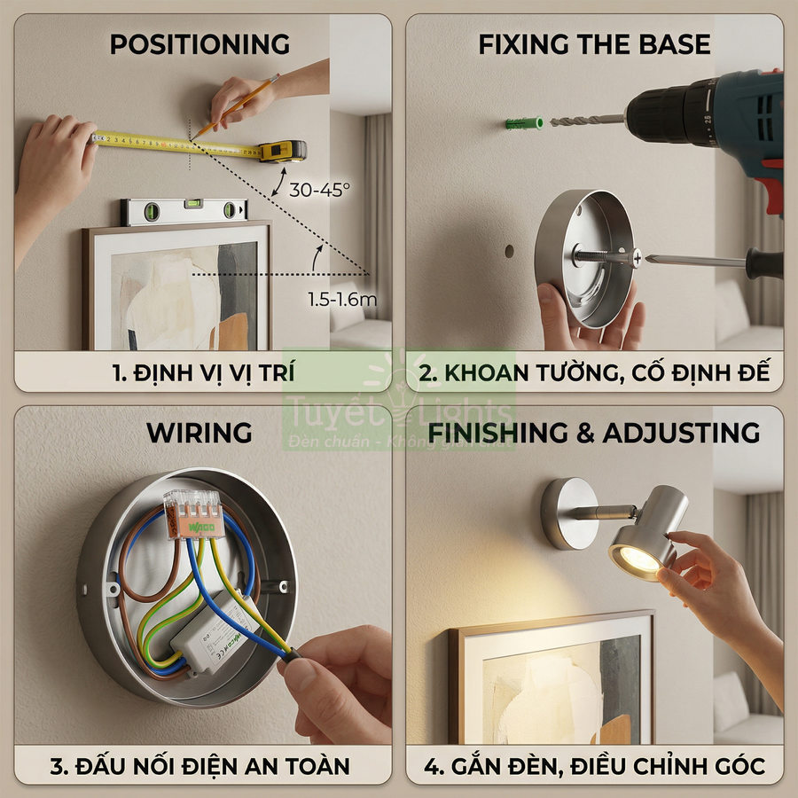 Hướng dẫn lắp đặt đèn tường chiếu tranh hiện đại từng bước trên tường phòng khách