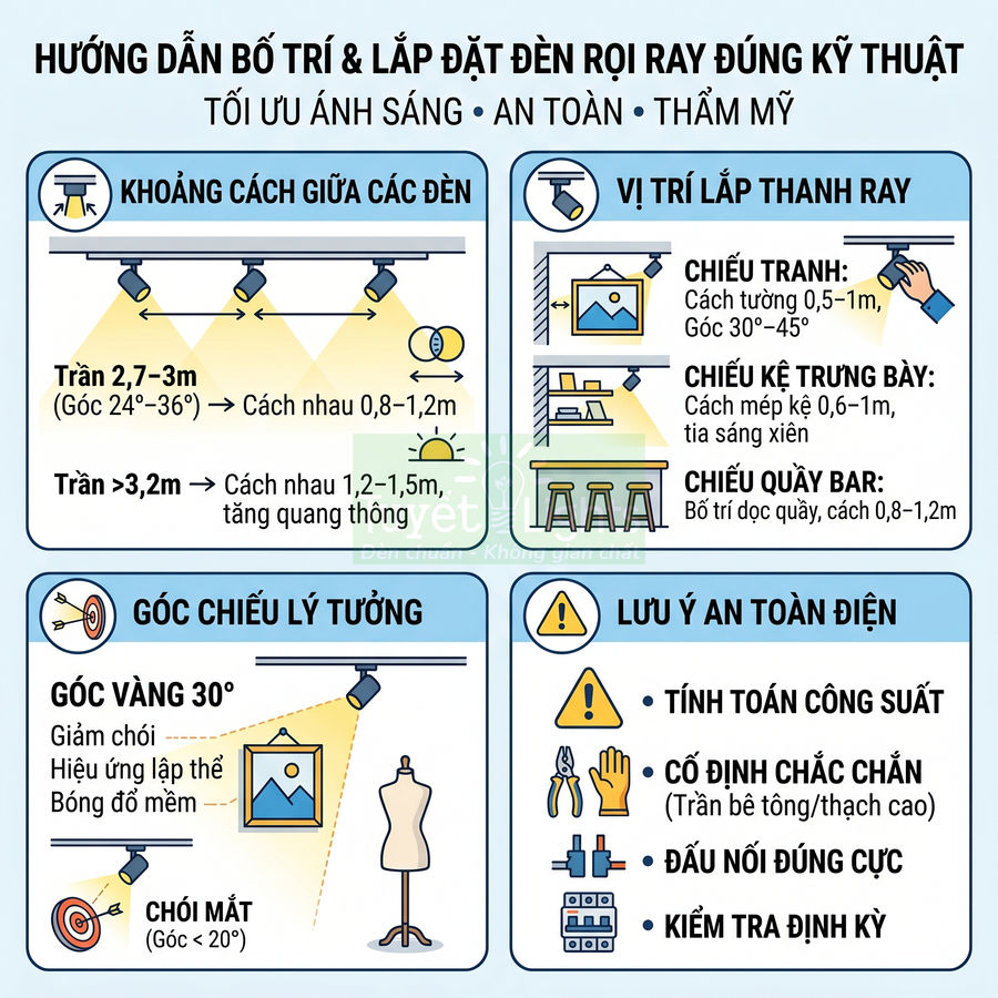 Hướng dẫn bố trí và lắp đặt đèn rọi ray đúng kỹ thuật tối ưu ánh sáng an toàn thẩm mỹ
