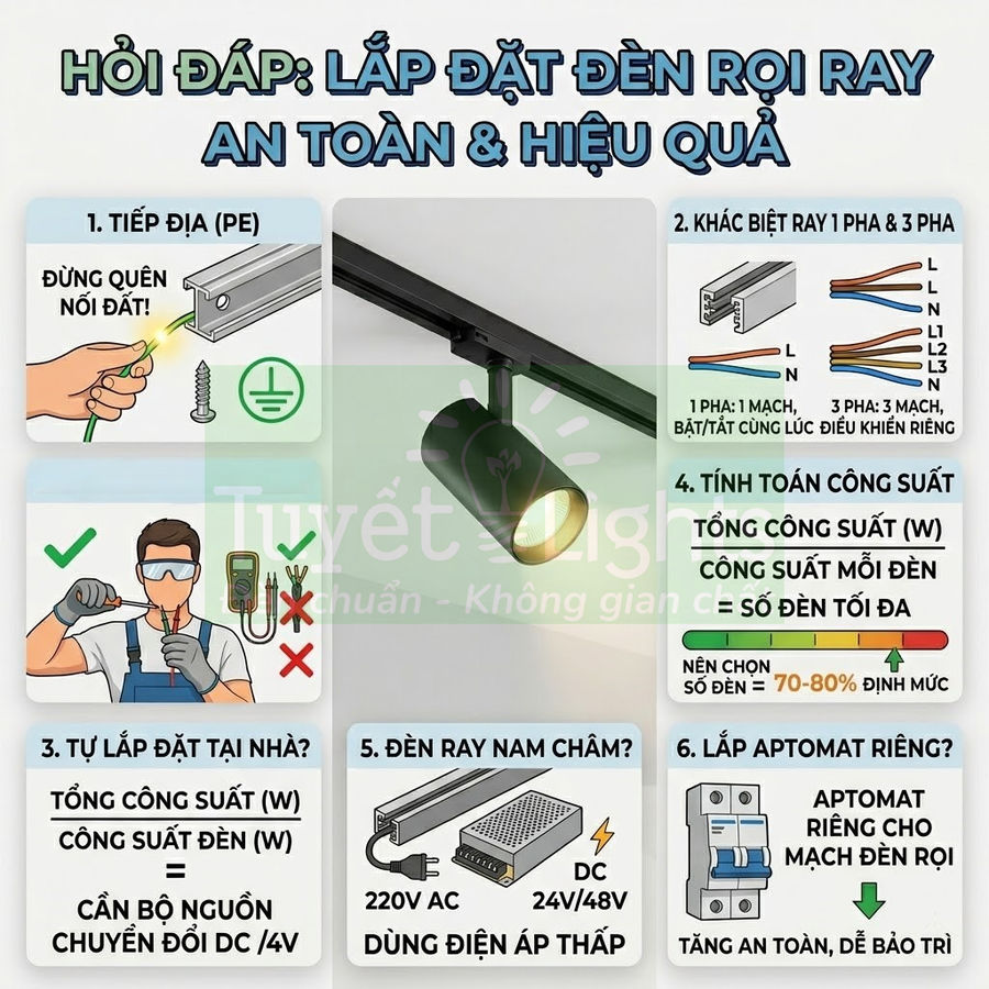 Hướng dẫn lắp đặt đèn rọi ray an toàn hiệu quả với các bước nối đất, tính công suất và dùng nguồn điện áp thấp