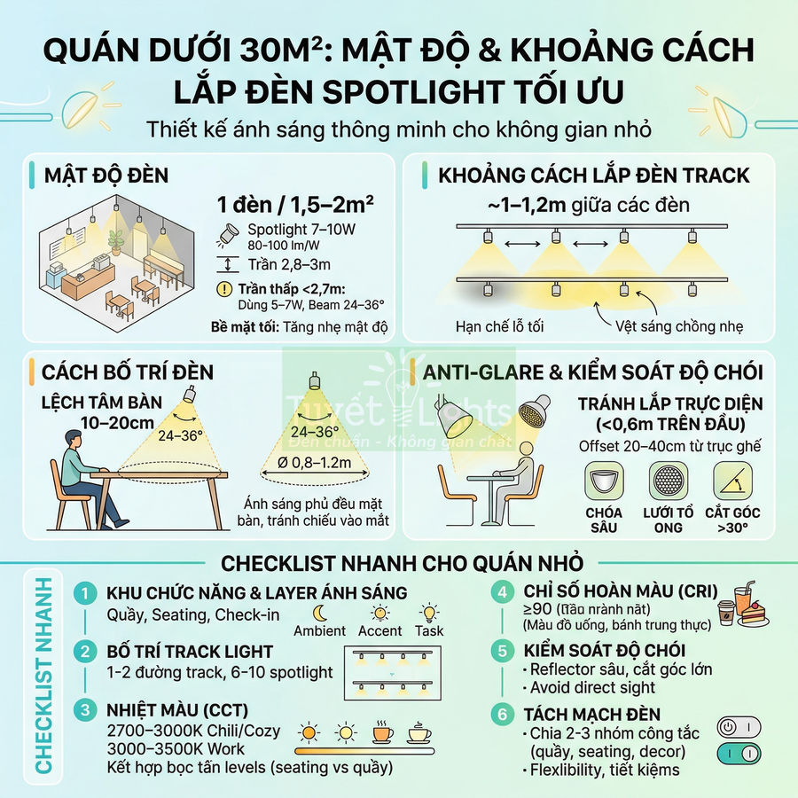 Infographic hướng dẫn mật độ và khoảng cách lắp đèn spotlight, tracklight cho quán nhỏ dưới 30m2
