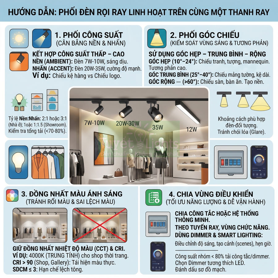 Hướng dẫn phối đèn rọi ray LED cho shop thời trang với các mức công suất và góc chiếu khác nhau