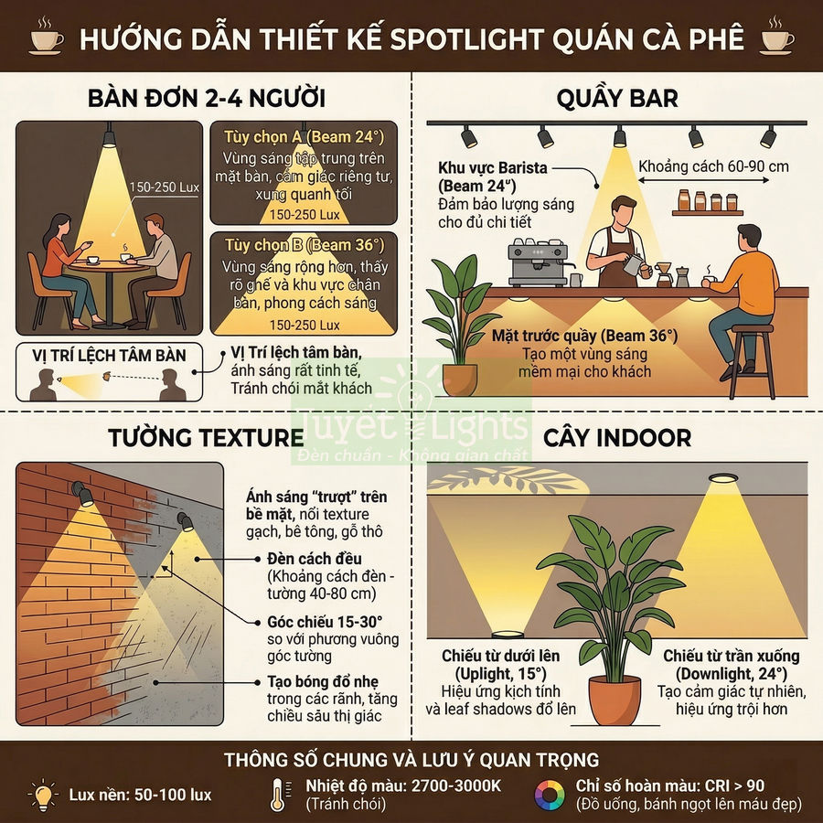 Hướng dẫn thiết kế đèn spotlight cho quán cà phê, chiếu sáng bàn khách, quầy bar, tường texture và cây trang trí