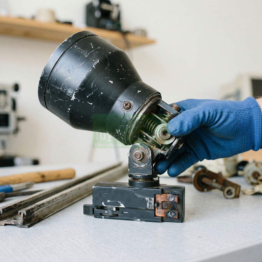 Thợ kỹ thuật đeo găng tay xanh đang sửa chữa đèn công nghiệp màu đen trên bàn làm việc