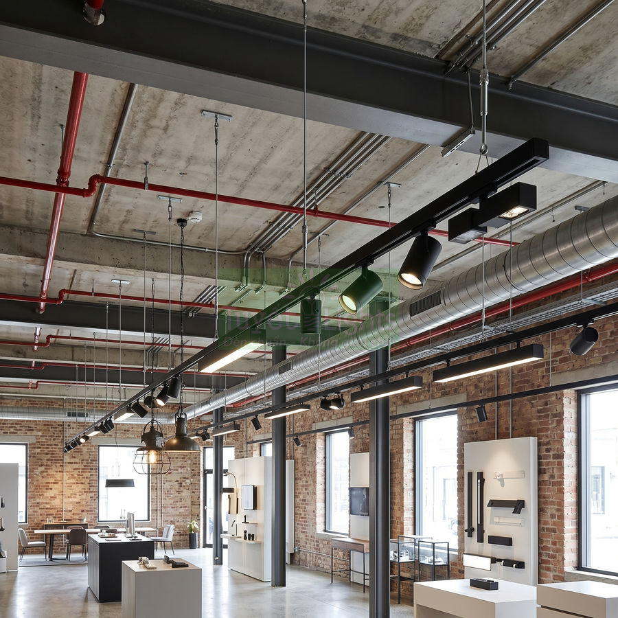 Đèn rọi ray LED công nghiệp lắp trần trong không gian showroom nội thất hiện đại