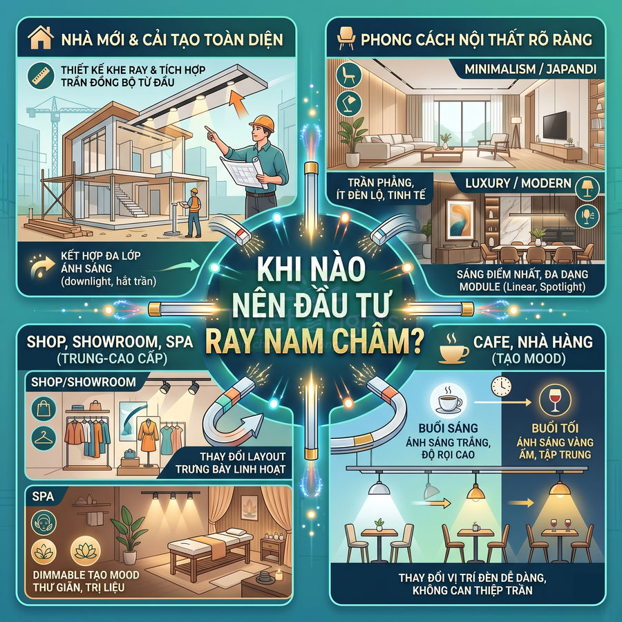 Infographic giới thiệu ứng dụng hệ thống đèn ray nam châm cho nhà ở, showroom, spa, quán cafe và nhà hàng