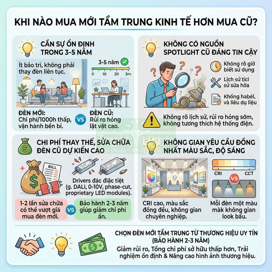Infographic so sánh lợi ích mua đèn LED mới tầm trung so với đèn cũ về chi phí, độ bền và chất lượng ánh sáng