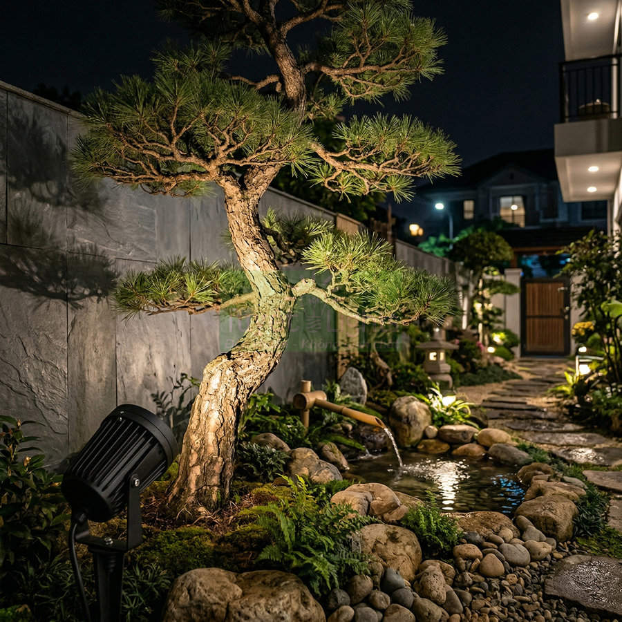 Đèn sân vườn chiếu sáng cây bonsai và hồ nước đá nhỏ trong khu vườn nhà vào ban đêm