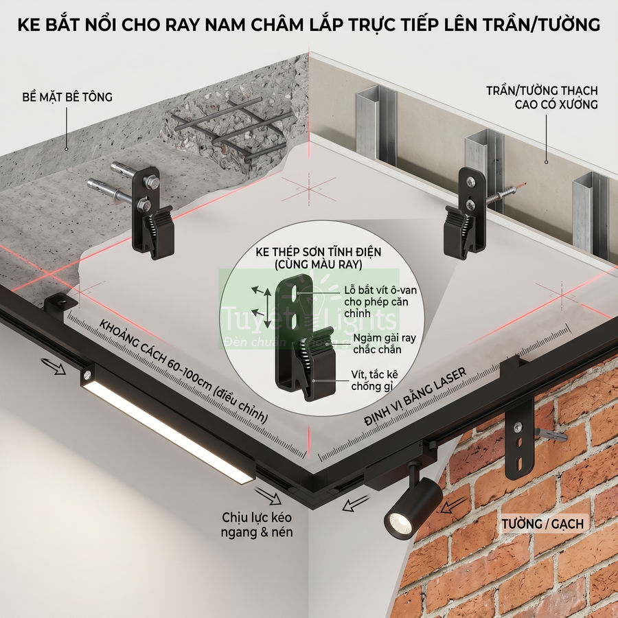 Ke bắt nối ray nam châm lắp trực tiếp lên trần tường bê tông và thạch cao cho hệ đèn ray chiếu sáng