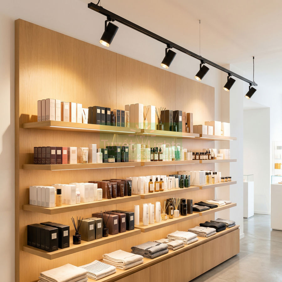 Kệ gỗ trưng bày mỹ phẩm chăm sóc da và khăn tắm trong cửa hàng ánh sáng hiện đại